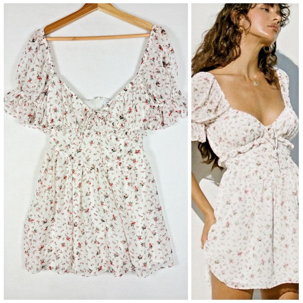 Sabo Skirt La Fleur Mini Dress Ditsy Floral Puff Sleeve Ruffle Cream Coquette S